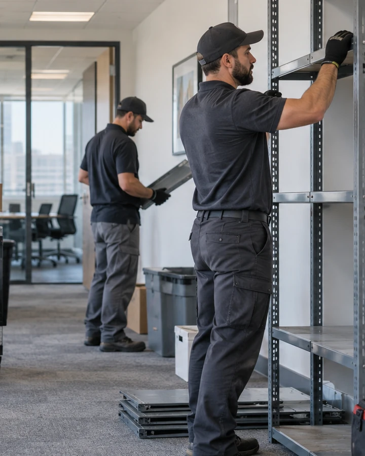 Workers dismantling metal shelving in an office