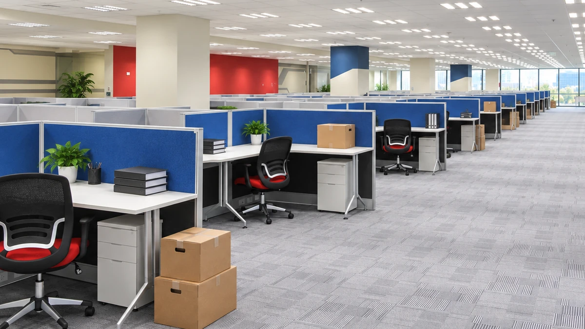 Open-plan office with cubicle desks, chairs and moving boxes