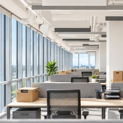 Office workstations with chairs and packed cardboard boxes